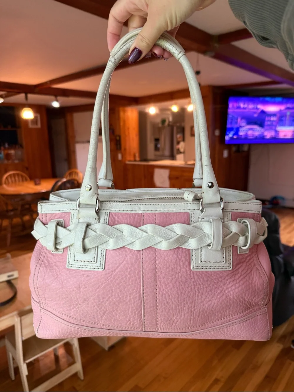 Coach Pink and White Leather Shoulder Tote with Horsebit Accent